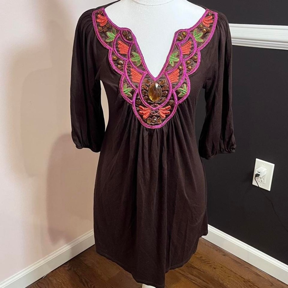 🧁y2k brown‎ floral embroidered mini dress with gem details large